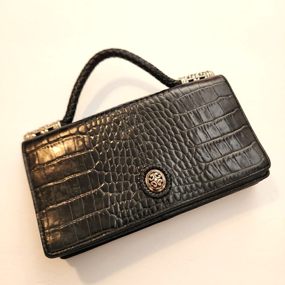 BRIGHTON Celtic Crocodile Plaque Embossed Black Leather Wallet Clutch Purse